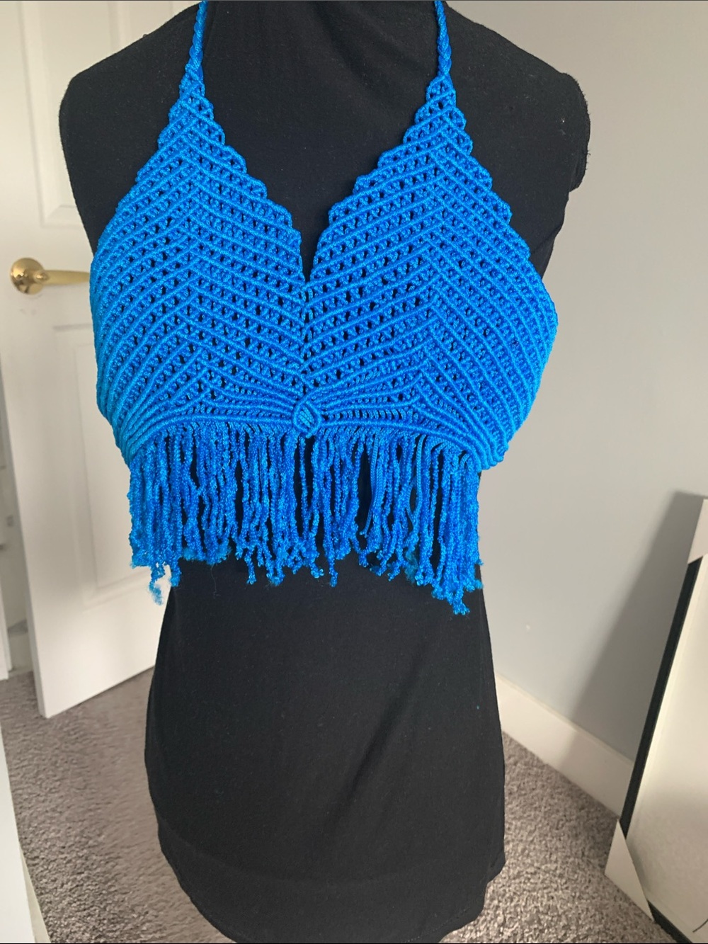 Handcrafted Royal Blue Crochet Fringe Halter Crop Top